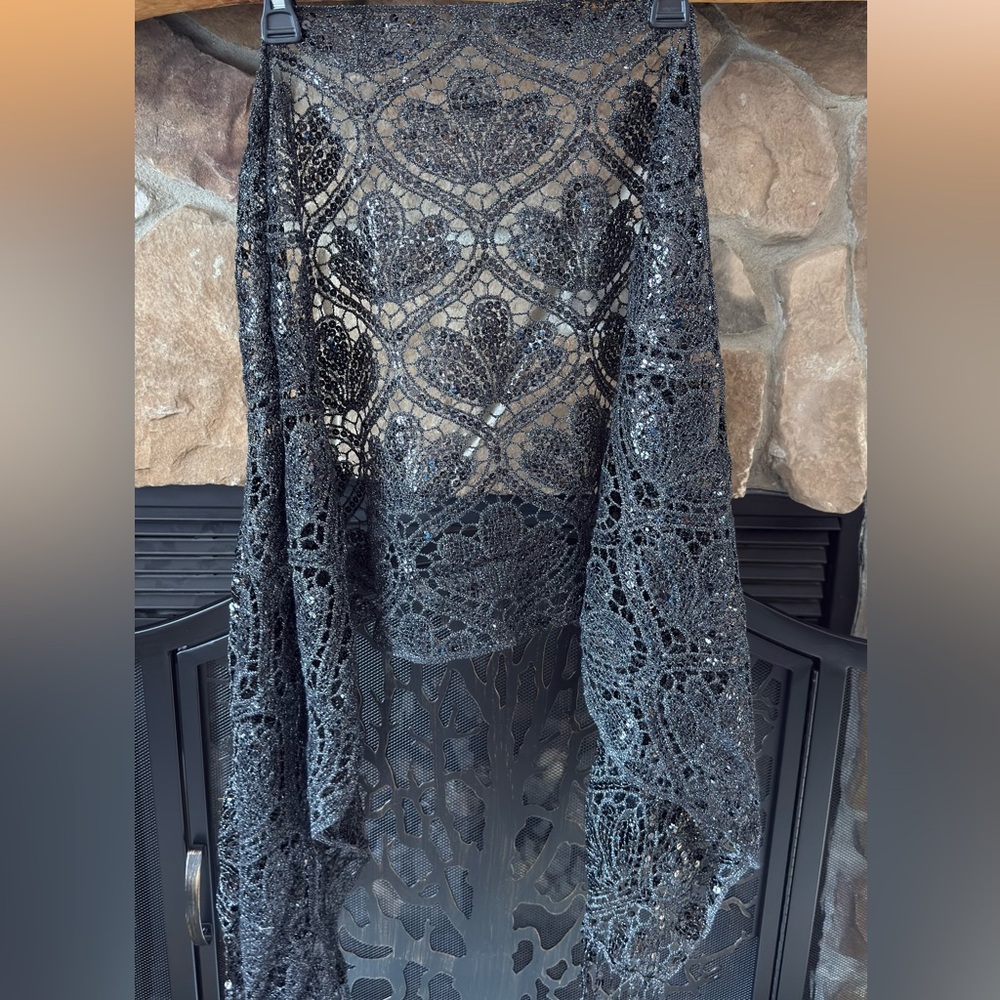 Black Lace Knit Shawl Scarf with Beaded Fringe - Picture 7 of 14